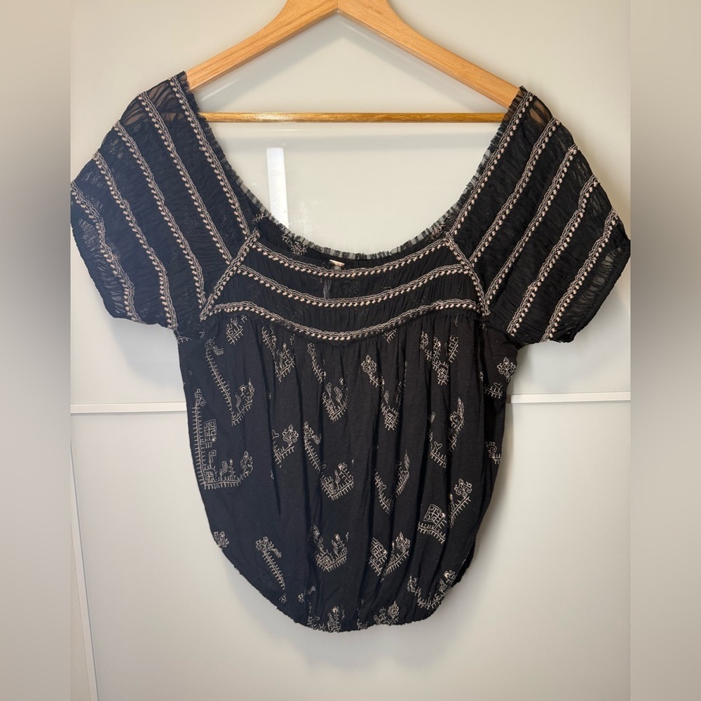 Free People Black Embroidered Blouse